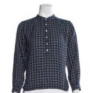 DOEN Navy Blue Windowpane 100% Organic Cotton Henley Blouse Smocked Cuff Top XL